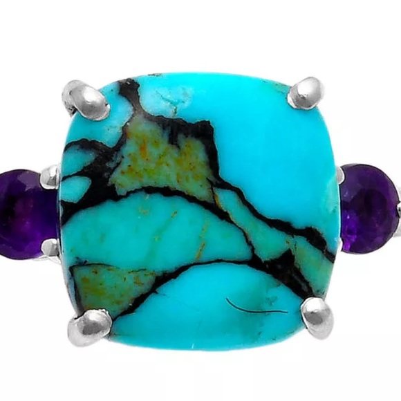 Gorgeous genuine turquoise with faceted amethyst sterling silver rings - Picture 5 of 6